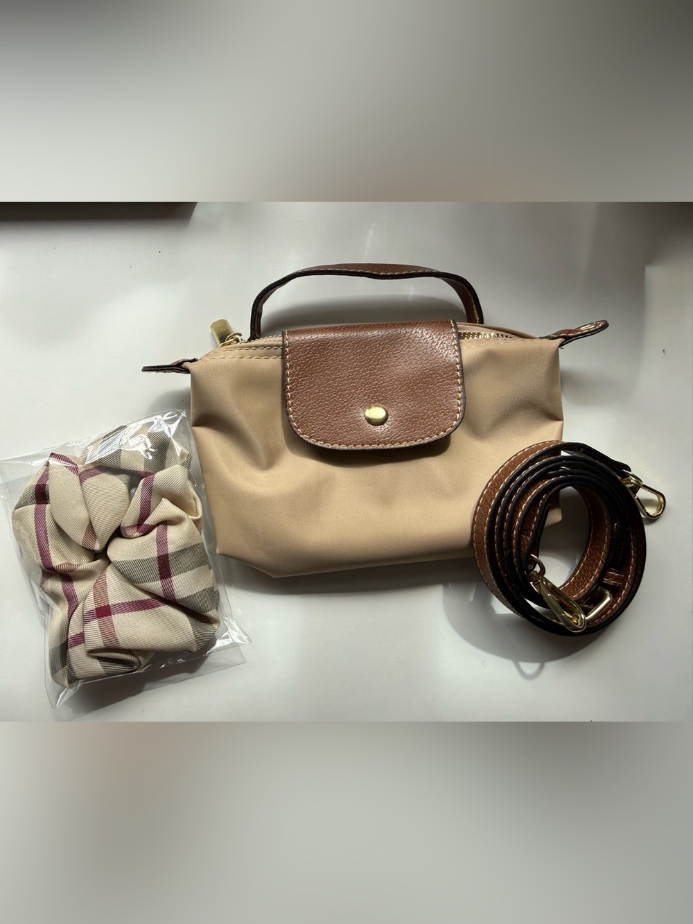 New Classic Beige Crossbody Bag with Brown Trim & plaid scrunchie Bundle